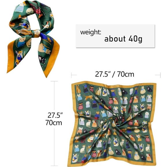 Women Green Cats Headscarf Satin Bandana Pattern Polyester Breathable Scarves - Picture 7 of 7